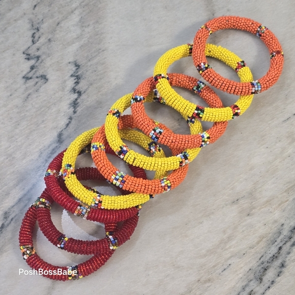 Set of 9 Handmade Maasai-Style Seed Bead Bangle Bracelets – Red, Yellow, Orange - Picture 1 of 11
